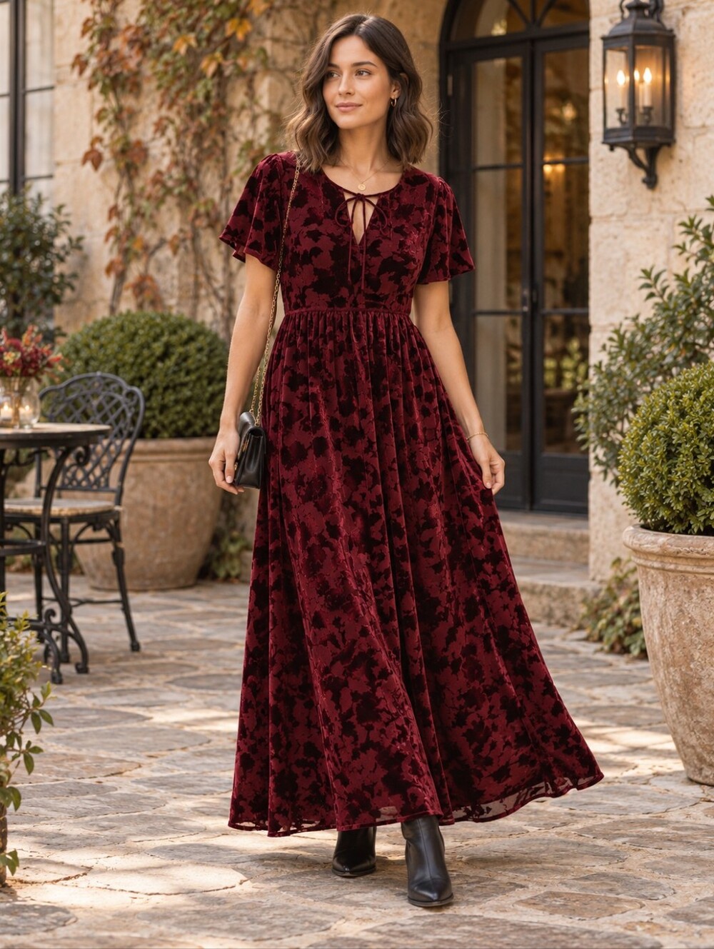 Velvet Burnout Maxi Dress - Burgundy Floral Pattern Pop-over Flutter Sleeve L